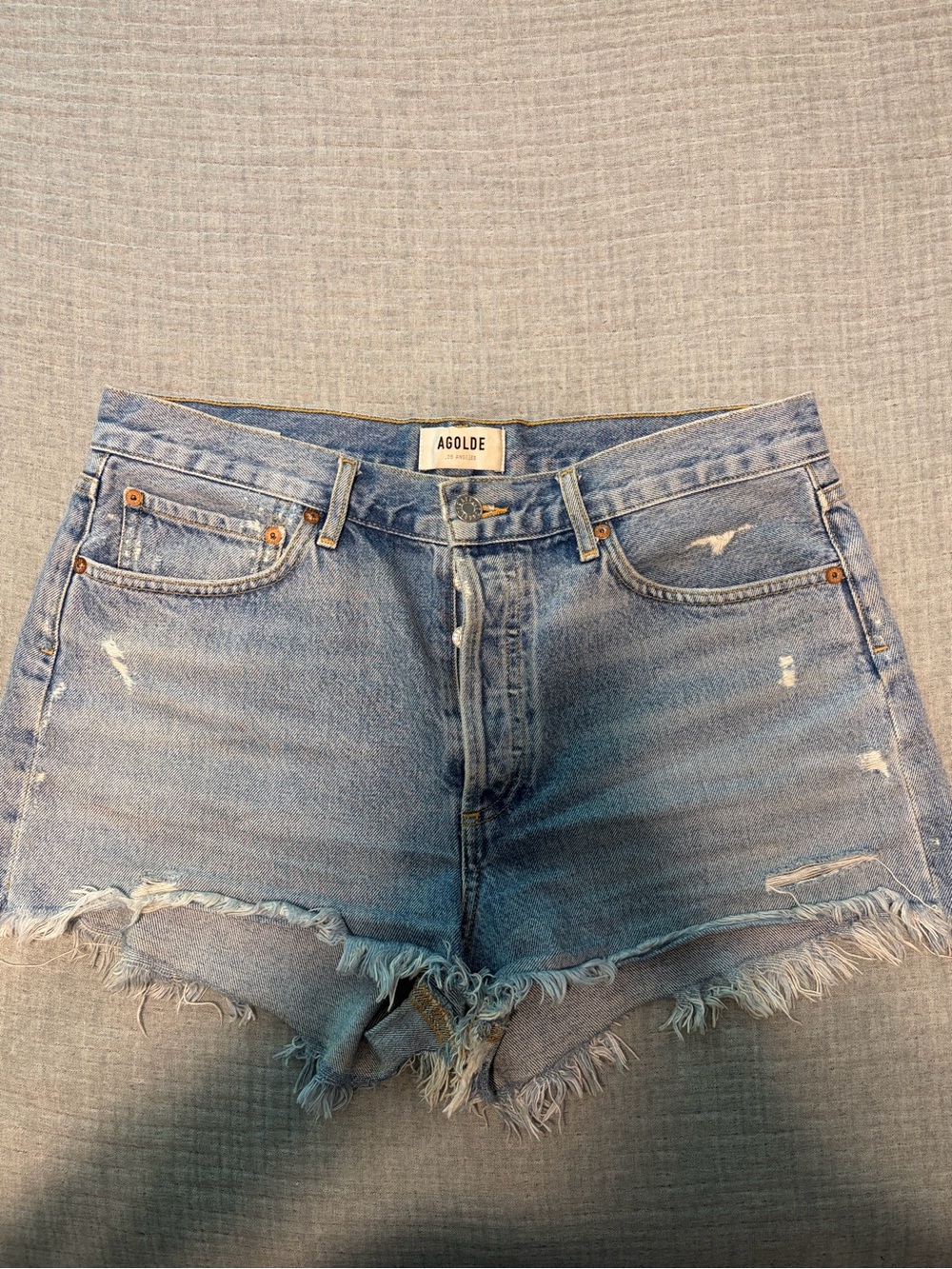 Agolde Washed Light Blue Distressed High-Rise Denim Shorts